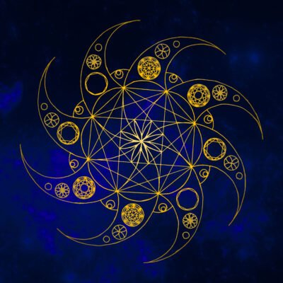 Golden Sacred Geometry Symbol A hand drawn sacred geometry styled symbol in gold against a galaxy like background.