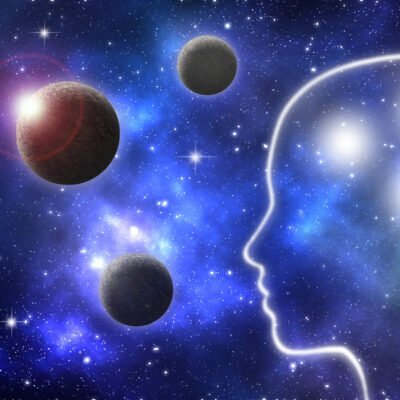 Human intelligence and creativity Glowing human profile within a galaxy of planets and stars