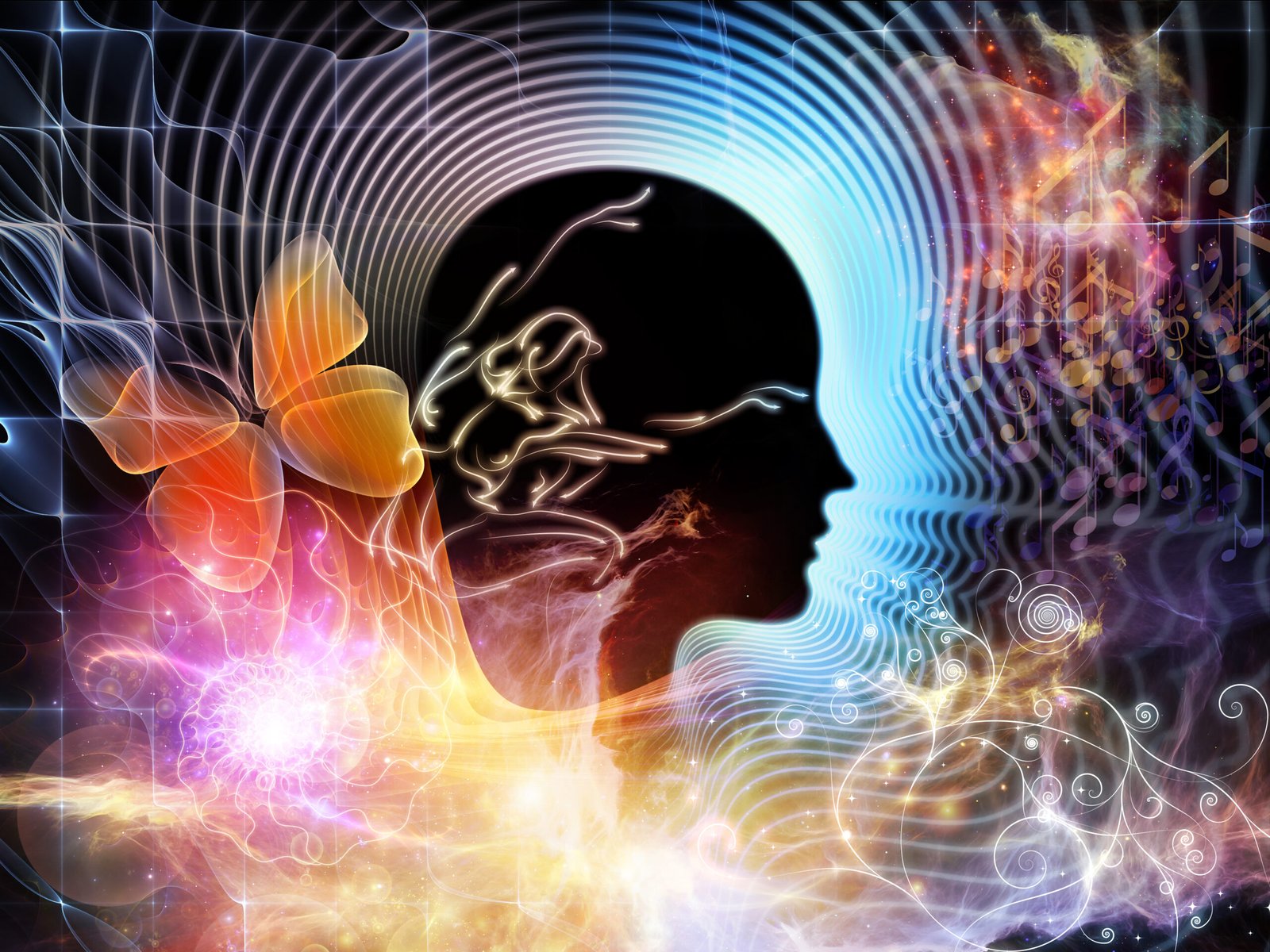 Synergies of Human Mind Composition of human feature lines and symbolic elements suitable as a backdrop for the projects on human mind, consciousness, imagination, science and creativity