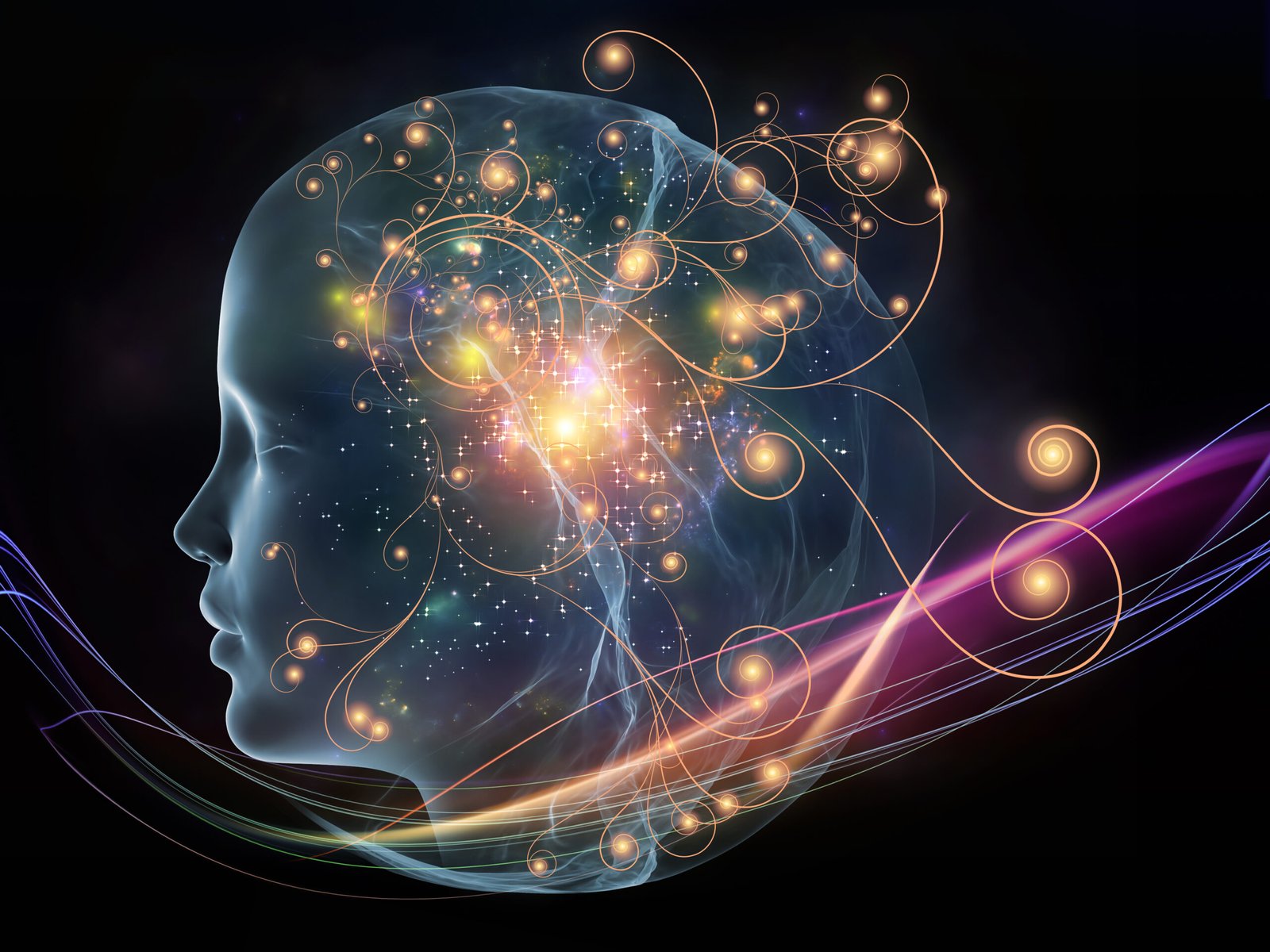 Next Generation AI series. Background composition of  fusion of human head and fractal shape to complement your layouts on the subject of mind, consciousness and spirituality