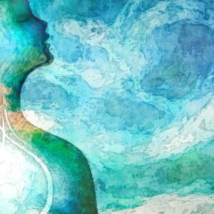mindfulness relaxation breathing concept with woman breathing in relaxing breath of nature mindfulness relaxation breathing concept with woman breathing in relaxing breath of swirling nature background